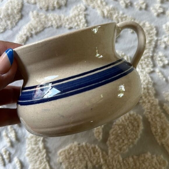 Pottery Creamer Small Pitcher Heavy Blue Stripe Texas - Picture 3 of 8
